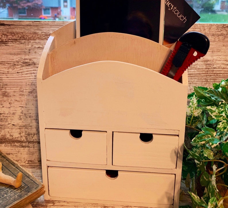 Vintage White Wood Desk Organizer With 3 Drawers Etsy
