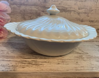 Vintage Johnson Brothers Regency Round Covered Vegetable Bowl, Two Pieces White Swirl Pattern Ironstone Made In England