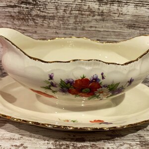Vintage Orange Poppy Gravy Boat & Underplate Pottery 1950s