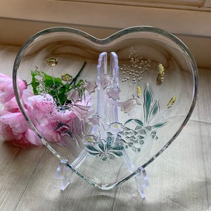 Vintage Home Decor Savoir Vivre Japan Glass Heart Shape Tray With Various Flowers