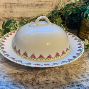 Vintage Austria Victorian Covered Dome Butter Dish:cheese Rose Pink Floral.