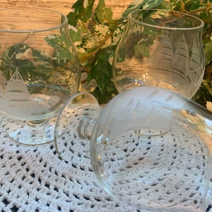 3 Vintage Nautical Brandy or Port Crystal Glasses with Etched Schooner Sailing Ships