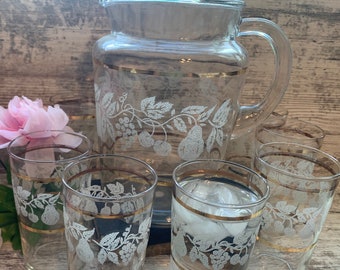 Vintage Pitcher and Set of 4 Gold Rimmed Crystal Glasses