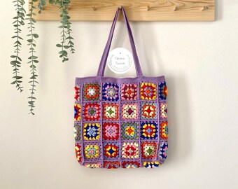 Lilac Granny Square Crochet Shoulder Bag: Vintage Boho Style
