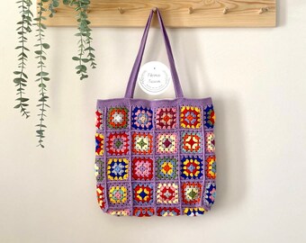 Lilac Granny Square Crochet Bag, Granny Square Crochet Shoulder Bag, Crochet Afghan Bag, Vintage Style, Summer Bag, Boho Bag, Hippie Bag