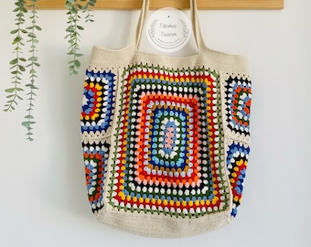 Colorful Crochet Granny Square Tote Bag: Handmade Cotton Shoulder Bag