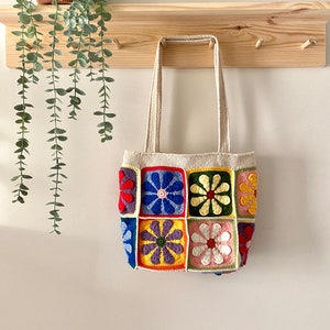 Handmade Flower Granny Square Crochet Bag, Hand Knit Purse, Granny Square Crochet Shoulder Bag, Crochet Afghan Bag, Vintage Tote Bag