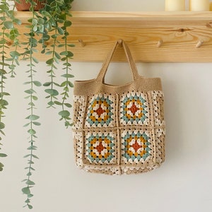 Granny Square Minimal Crochet Bag, Granny Square Tote Bag, Crochet Afghan Bag, Vintage Bag