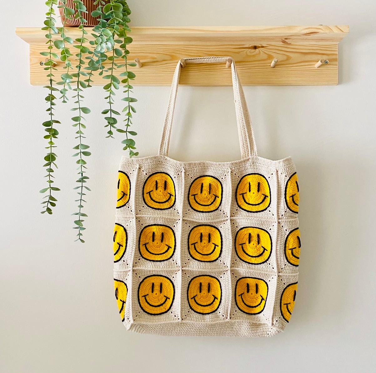 Handmade Crochet Smiley Face Tote Bag: 90s Style Knit Bag
