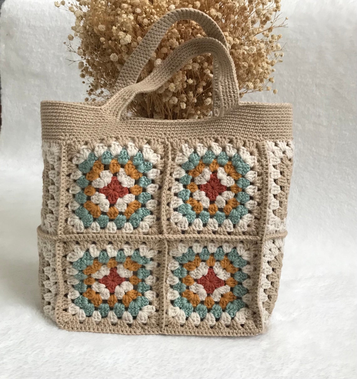 Granny Square Minimal Crochet Bag Granny Square Tote Bag - Etsy