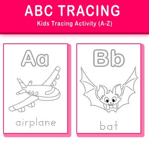 Op de afbeelding: Een zwart-witte printbare werkblaadje voor kinderen om te oefenen met het traceren van de letters A en B. De werkblaadje bevat stippellijnen om de letters te traceren en afbeeldingen van een vliegtuig en een vleermuis.