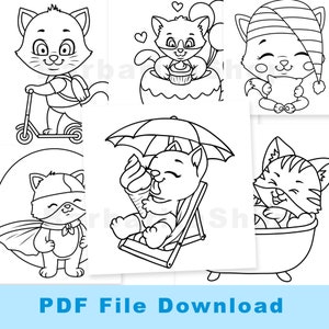 10 Cute Cats, Kitty Coloring pages Ready to print Instantly.