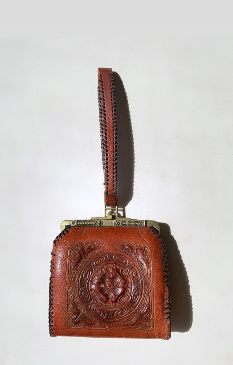 Vintage Antique Gothic Victorian Leather Purse Bag Genuine