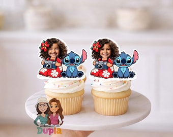 Adorno para cupcakes de chica isleña y extraterrestre azul – Cara personalizada con temática tropical – Archivo imprimible
