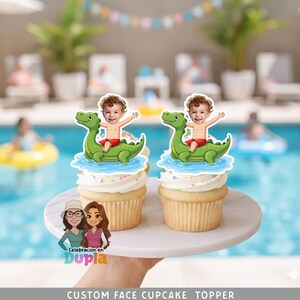 Benutzerdefiniertes Gesicht Cupcake Toppers • Dino Float Pool Party Thema • Druckbare digitale Datei