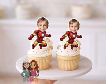 Adorno para cupcakes de Héroe con Armadura Dorada – Tema de acción facial personalizado – Descarga digital