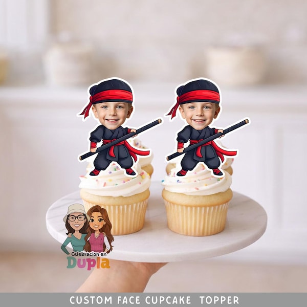 Adorno para cupcakes de guerrero ninja sigiloso: temática de artes marciales con cara personalizada (archivo imprimible)