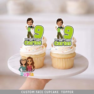Puede incluir: Cupcakes con glaseado blanco y chispas de colores, coronados con adornos de dibujos animados personalizados que dicen "Happy Birthday Carlos" y el número 9. La imagen también incluye el texto "CUSTOM FACE CUPCAKE TOPPER".