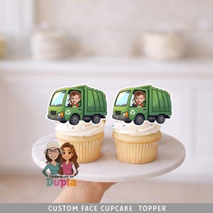 Adorno para cupcakes de fiesta de camión de saneamiento – Tema de vehículo con cara personalizada – Descarga digital
