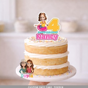 May include: A three-layer cake with white frosting and colorful sprinkles. A custom cake topper features a cartoon image of a girl, the number 4, and the words "Happy Birthday Nancy."