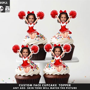 Topper per cupcake a forma di cheerleader - Topper per cupcake con faccia - Topper per cupcake con faccia personalizzata - Topper per festa di compleanno