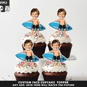 Surfer Cupcake Toppers - Face cupcake topper -Custom Face- cupcake Topper- Topper Birthday party
