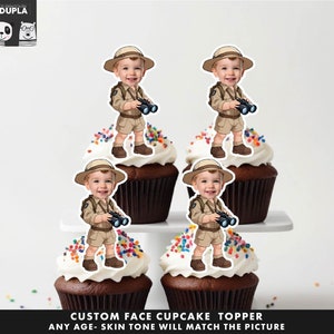 Safari Explorer Cupcake Toppers - Topper cupcake viso - Faccia personalizzata - Cupcake Topper - Festa di compleanno Topper