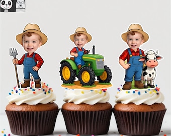 Farmer Cupcake Toppers - Cara cupcake topper -Cara personalizada- cupcake Topper- Topper fiesta de cumpleaños