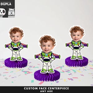 May include: Three purple honeycomb centrepieces with a custom face cutout of a child dressed as Buzz Lightyear from the Toy Story movie franchise. The text "CUSTOM FACE CENTERPIECE ANY AGE" is at the bottom of the image.