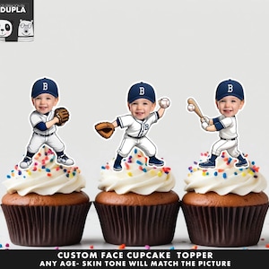 Topper per cupcake a forma di baseball - Topper per cupcake a forma di viso - Viso personalizzato - Topper per cupcake - Topper per feste di compleanno