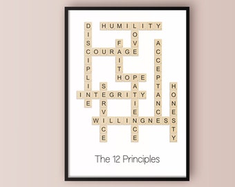 The 12 Principles Scrabble, AA Art, Recovery Wall Art, Sobriety Wall Art, Recovery Art, Alcohol Free, AA gift, Sobriety Gift, The 12 Steps