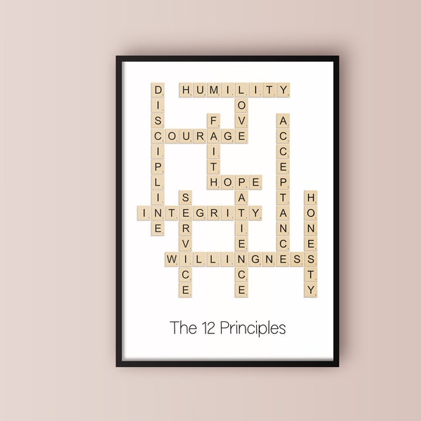 The 12 Principles Scrabble, AA Art, Recovery Wall Art, Sobriety Wall Art, Recovery Art, Alcohol Free, AA gift, Sobriety Gift, The 12 Steps