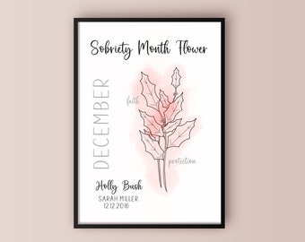Personalised Sobriety Birth Flower Print, December Holly, Birth Month Flowers, Anniversary Birthday, Sober, Gift for Friends, Family, AA