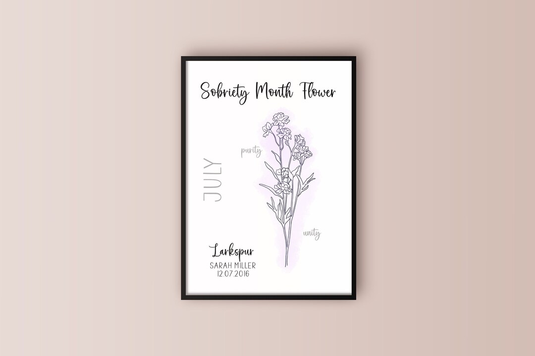 Personalised Sobriety Birth Flower Print, July Larkspur ,birth Month