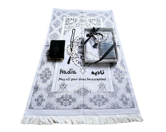 Personalized Black Prayer Mat: Islamic Gift Set with Tasbeeh & Dua Book