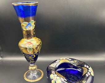 Married Set of Blue Hand-painted Czech Glass, Vase and Ashtray, Both in Lovely Condition