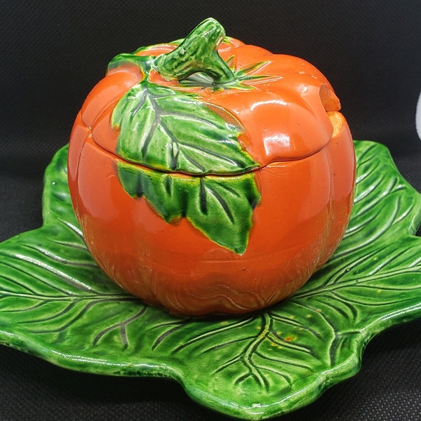 Vintage Tomato Condiment Jar Sitting on a Tomato Leaf, Marked Japan