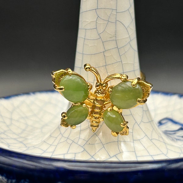 Sweet Jadeite Butterfly Ring, Marked 18k Heavy Gold Electroplate Size 8