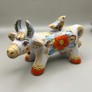 Cow Figurine with A Bird on Her Back, Bright and Beautiful, Made in Russia