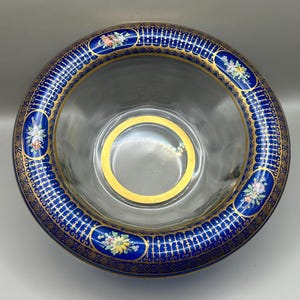 Vintage Glass Serving Bowl: Blue & Gold Floral Enamel Detail