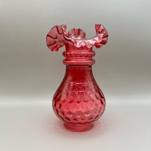 Fenton Cranberry Glass Vase: Ruffled Optic Coin Pattern