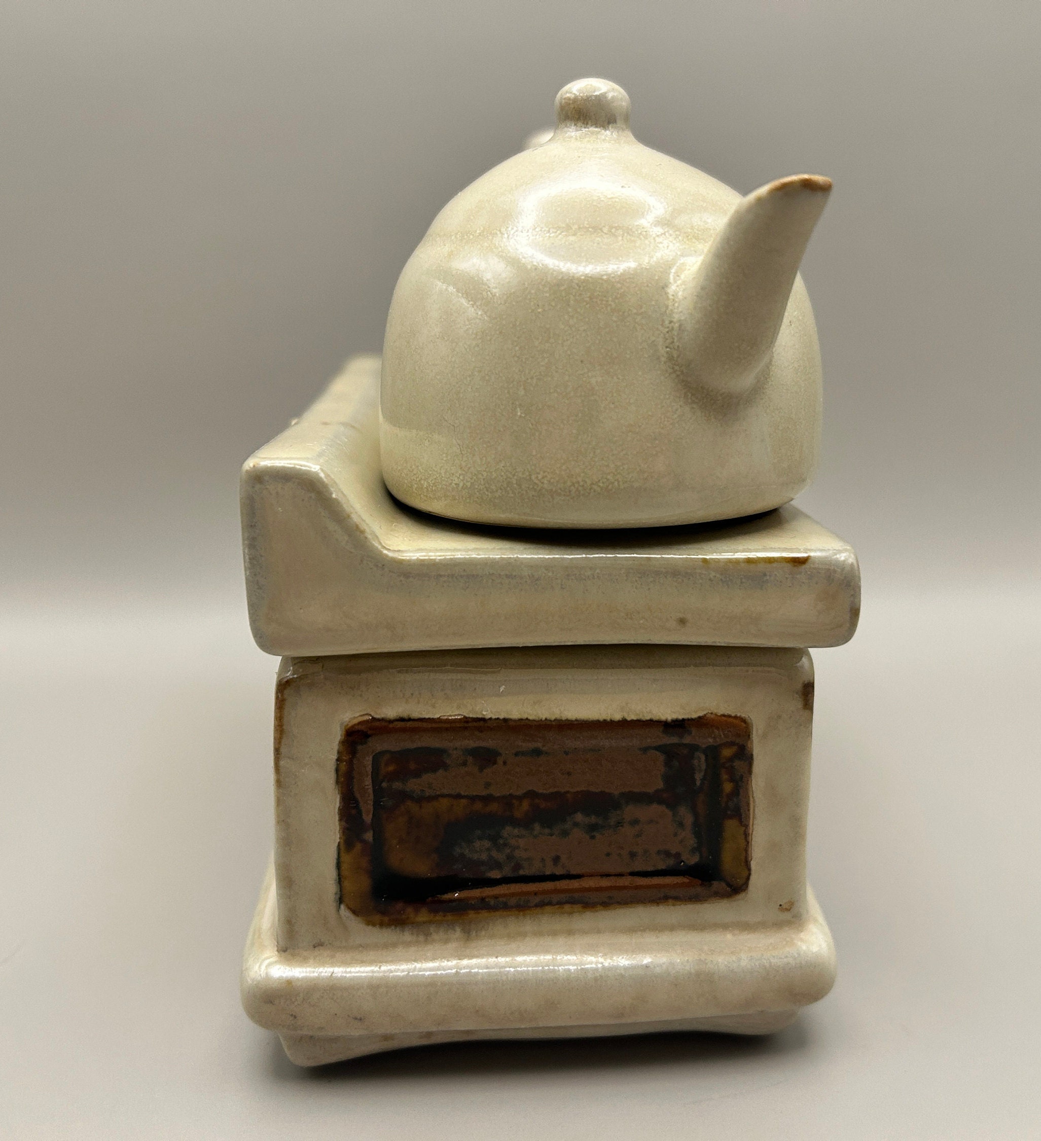Sweet Salt and Pepper Set, Stoneware Stove With Pot and Teapot, Made by