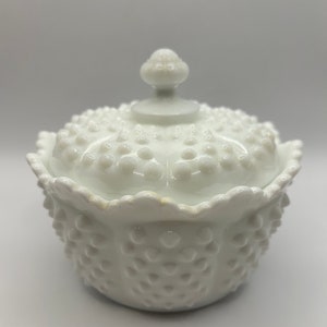 Vintage Fenton Hobnail Milk Glass Candy Dish with Ruffled Edge