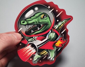 Gator Space Invader Sticker, Outer space Art, Digital Fantasy, Illustration, Laminated Vinyl, Water Resistant Hydro Flask, Water Bottle Art