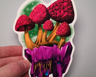 Crystal Mushroom Sticker, Water Resistant Vinyl, Hydro Flask Water Bottle Decal, Laptop Cover Sticker, Digital Fantasy Illustration, Mushy