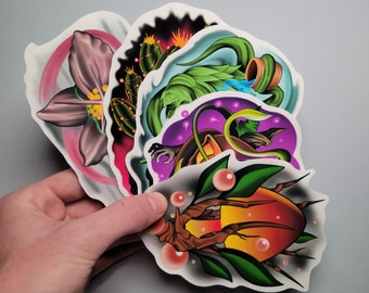 Plants Sticker Set, Laminated Vinyl, Floral Succulent Mushroom Art, Water Resistant Hydro Flask Water Bottle Decal, Laptop Cover Art, Garden