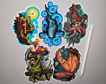 Aquatic Sticker Set, Water Resistant Vinyl, Hydro Flask Water Bottle Decal, Laptop Cover Sticker, Digital Nature Underwater Illustration