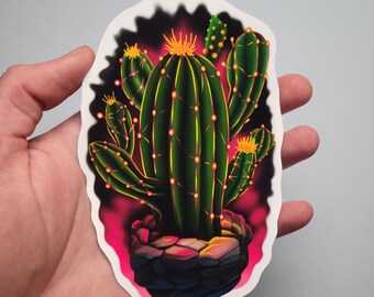 Neon Cactus Sticker, Water Resistant Vinyl, Hydro Flask Water Bottle Decal, Laptop Cover Sticker Digital Succulent Plant, Illustration, Art