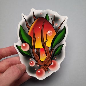 Adesivo a forma di fungo incandescente, arte della natura, illustrazione fantasy digitale, vinile laminato, pallone idrorepellente resistente all'acqua, decalcomania della bottiglia d'acqua, albero
