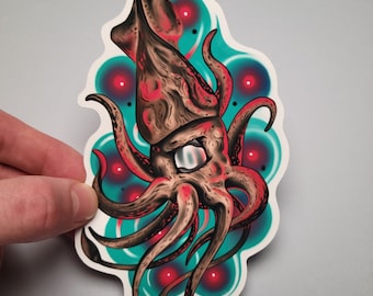 Squid Sticker, Water Resistant Vinyl, Hydro Flask Water Bottle Decal, Laptop Cover Sticker, Digital Nature Underwater Illustration, Squid